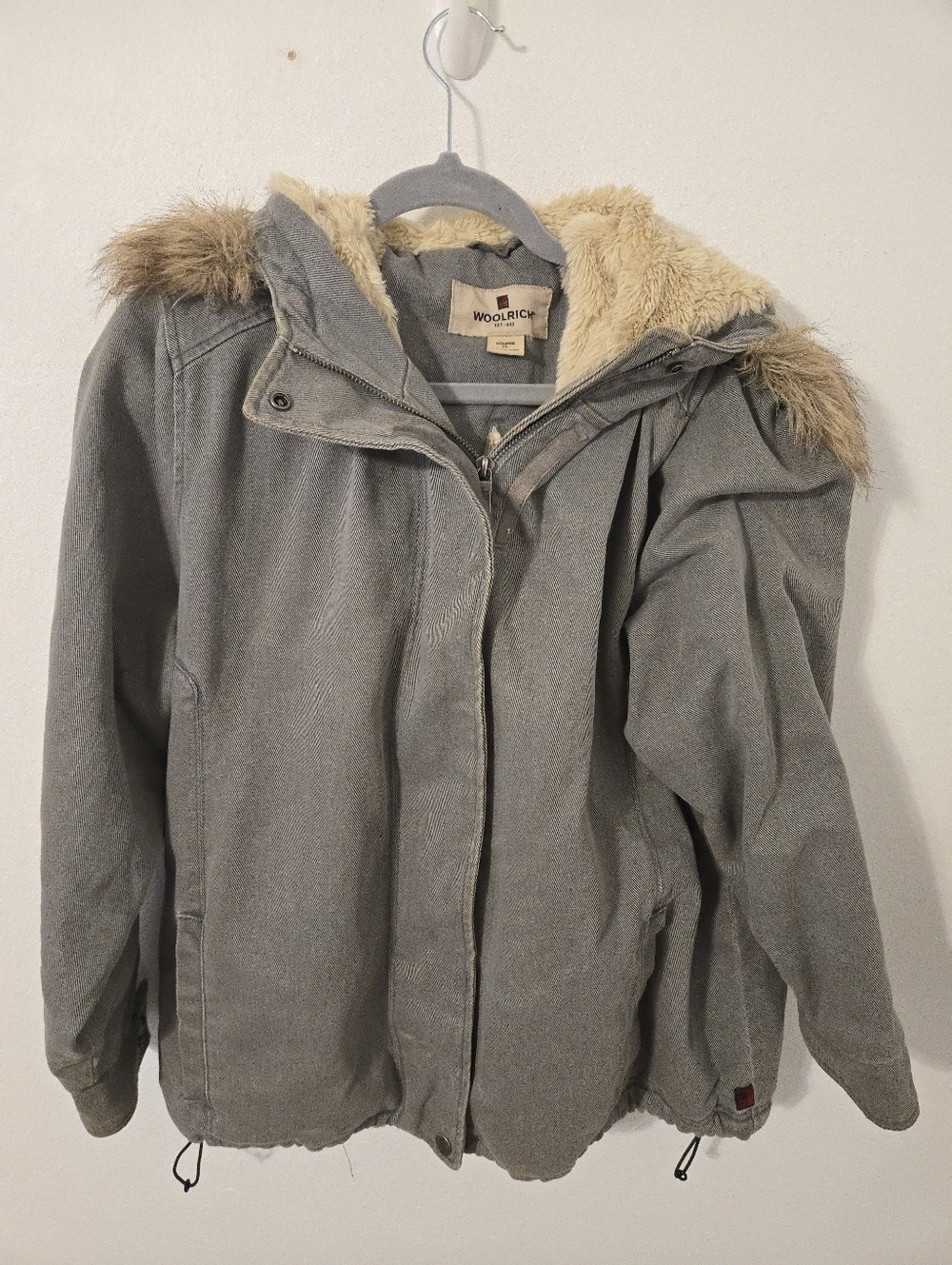 Vintage Woolrich Womens XL Gray Faded Faux Fur Hooded Jacket VTG